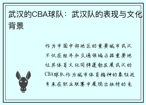 武汉的CBA球队：武汉队的表现与文化背景